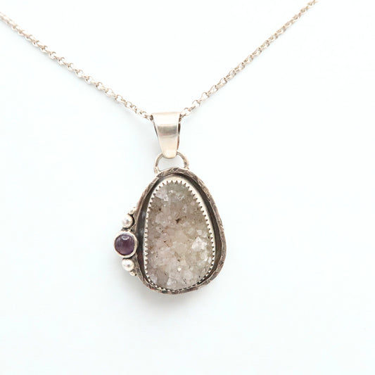 Drusy Quartz and Amethyst Sterling Silver Pendant Necklace