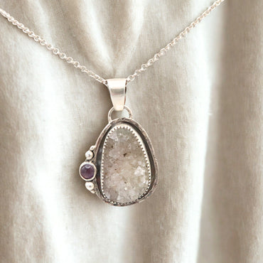 Drusy Quartz and Amethyst Sterling Silver Pendant Necklace