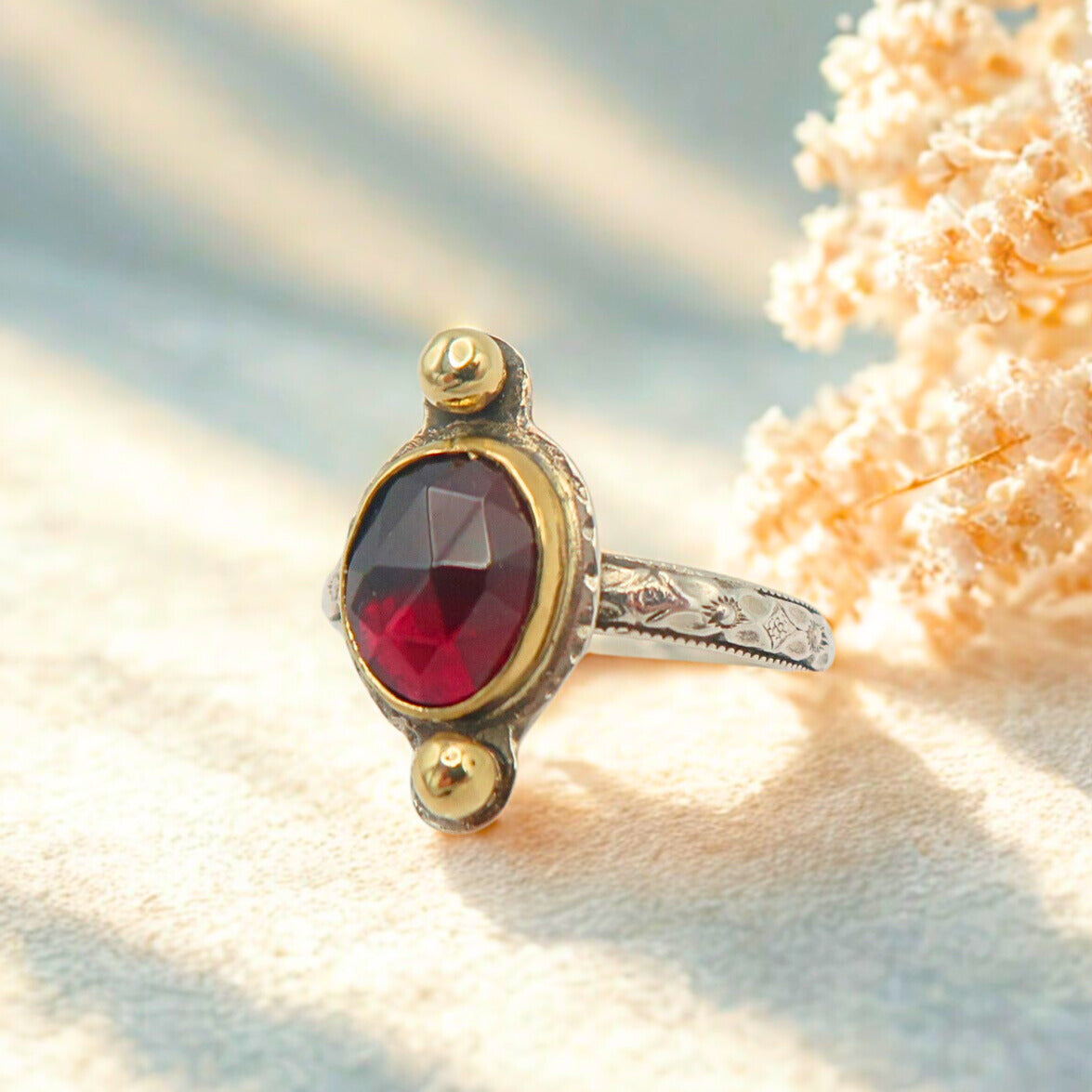 Garnet Gold and Sterling Silver Mixed Metal Ring