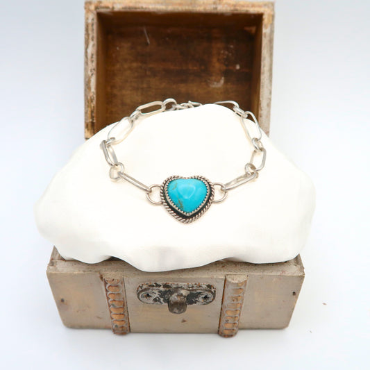 Kingman Turquoise Heart Sterling Silver Chunky Link Bracelet