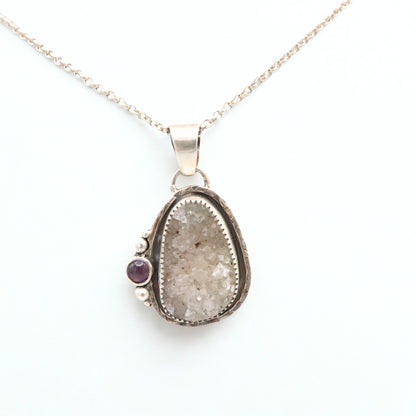 Drusy Quartz and Amethyst Sterling Silver Pendant Necklace