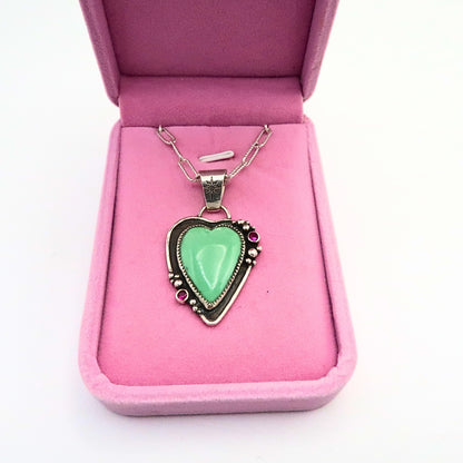 Variscite Heart and Ruby Statement Necklace | Sterling Silver