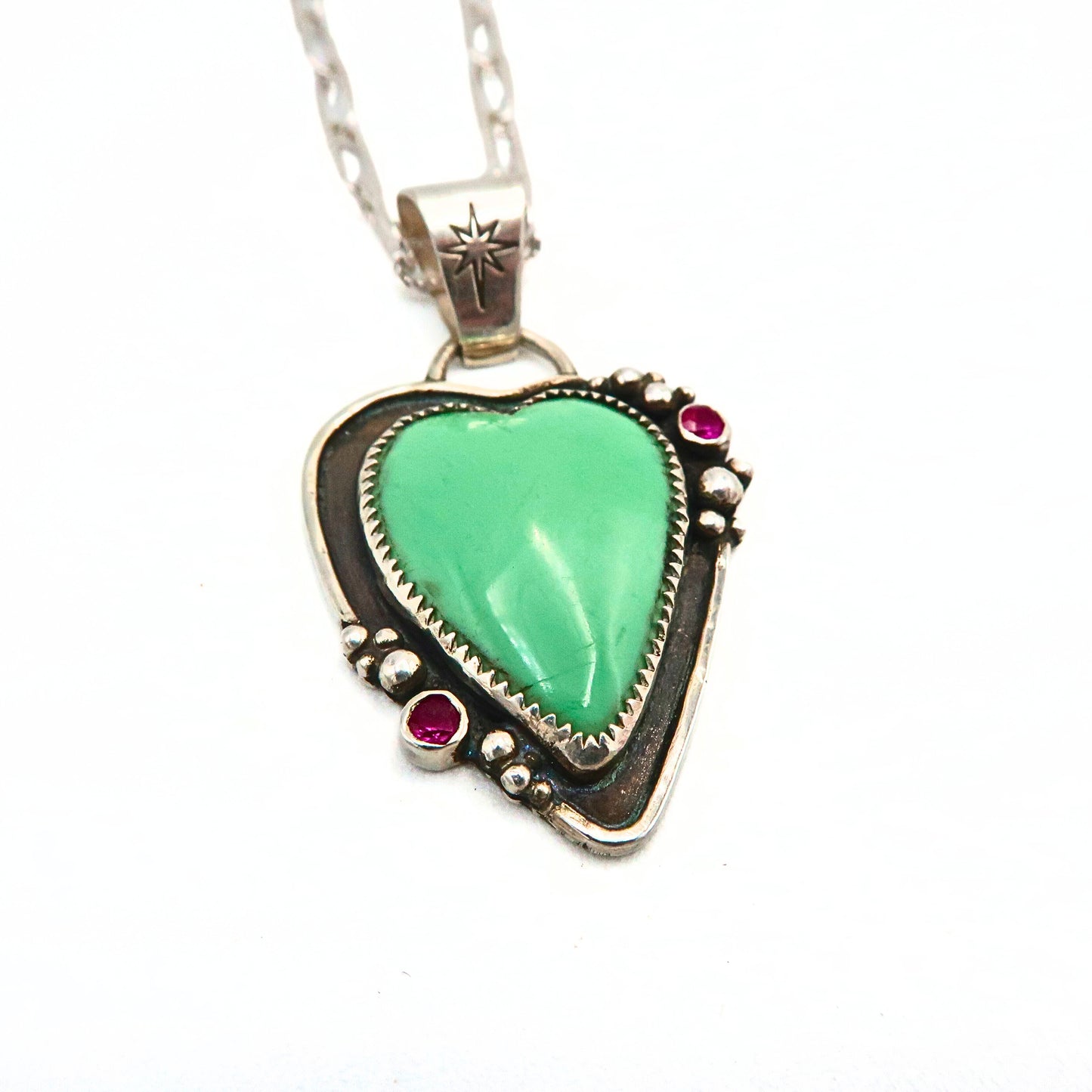 Variscite Heart and Ruby Statement Necklace | Sterling Silver