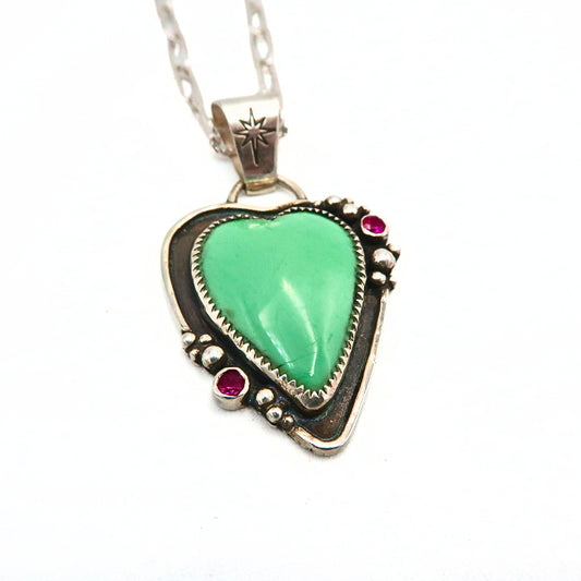Variscite Heart and Ruby Statement Necklace | Sterling Silver
