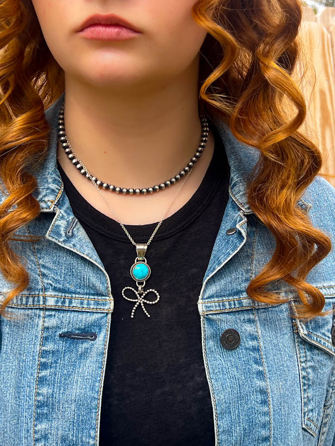 Turquoise Sterling Silver and Bow Pendant Necklace