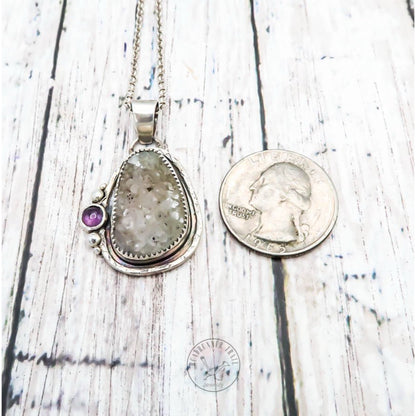 Drusy Quartz and Amethyst Sterling Silver Pendant Necklace