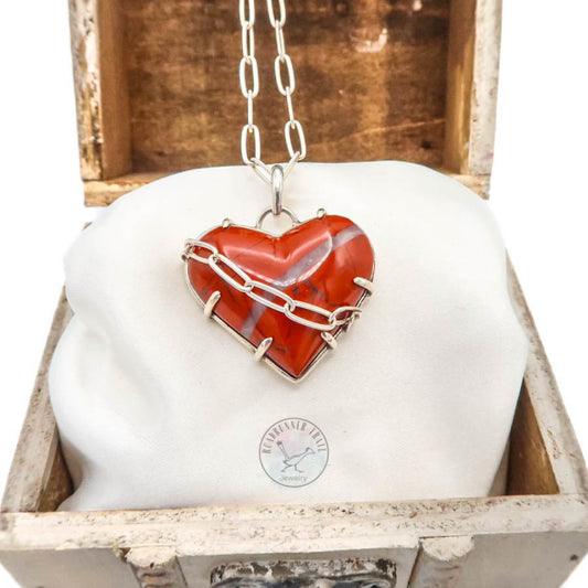 Red Jasper Heart in Chains Sterling Silver Pendant Necklace.