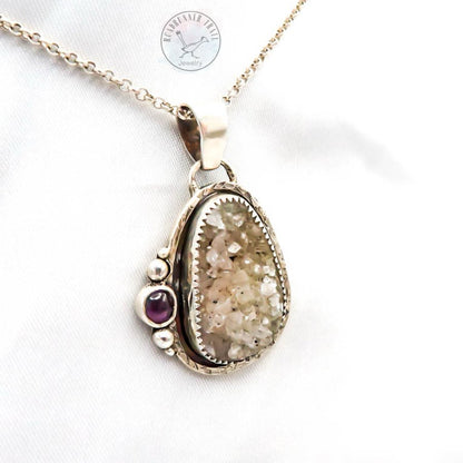 Drusy Quartz and Amethyst Sterling Silver Pendant Necklace