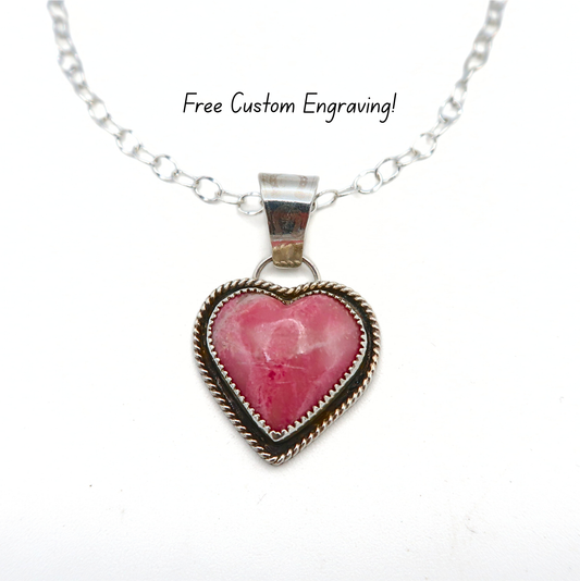 Pink Rhodonite Heart Pendant Necklace | Sterling Silver