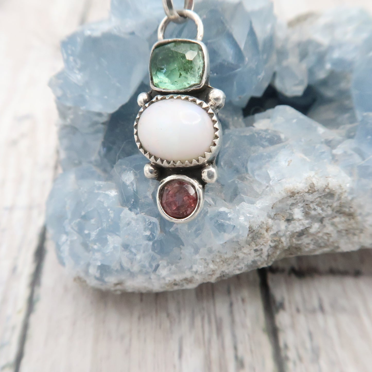 Tourmaline and Opal Three Stone Sterling Silver Pendant Necklace