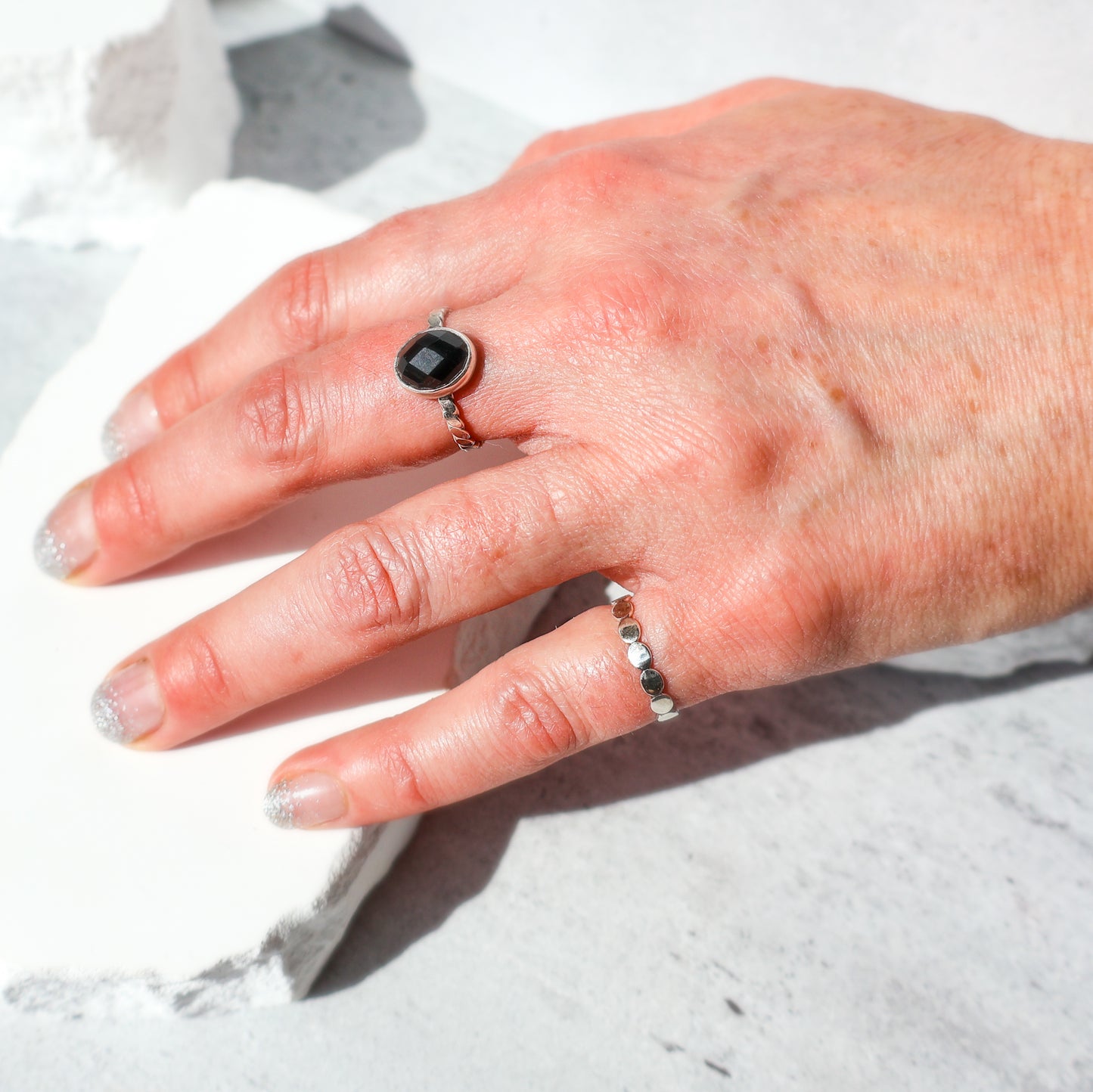 Flat Beaded Sterling Silver Stacking Ring